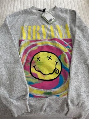 H&M Nirvana Gray Sweatshirt with Yellow & Pink Nirvana Smiley Graphic